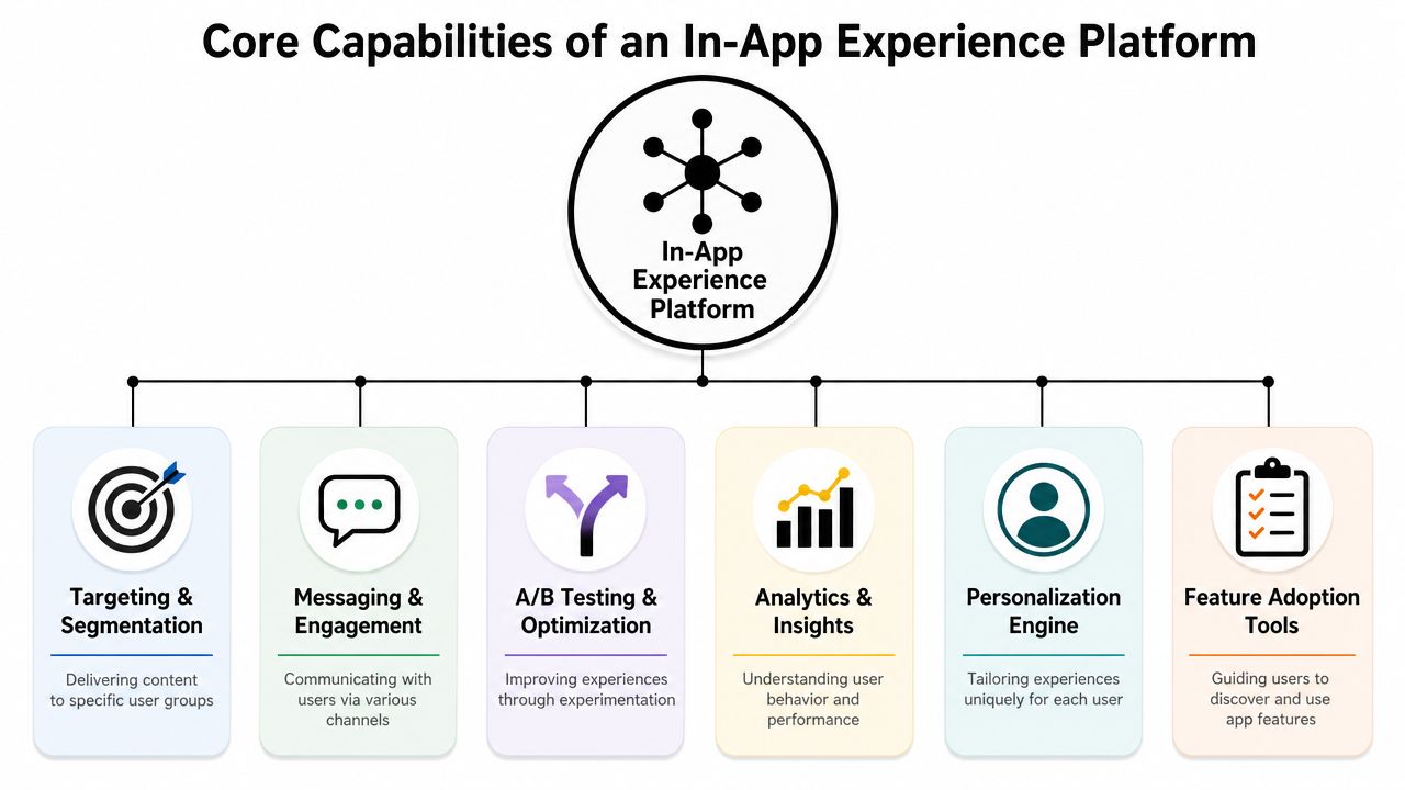 A diagram illustrating the core capabilities of an in-app experience platform including targeting, messaging, analytics, and personalization.
