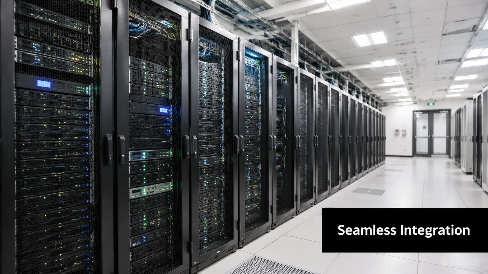 A long aisle in a modern data center with rows of server racks and blinking lights.
