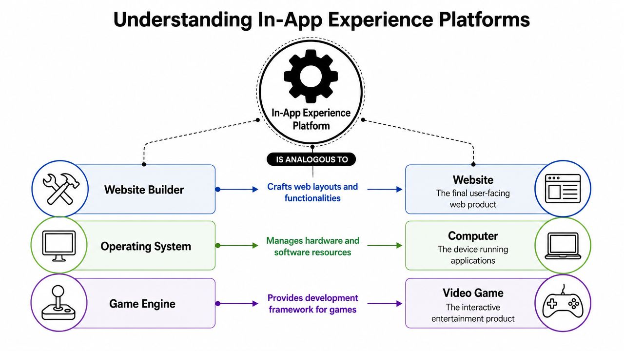 A diagram explaining In-App Experience Platforms using analogies like website builders, operating systems, and game engines.