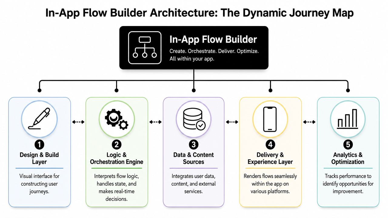 A diagram illustrating the five layers of an in-app flow builder architecture for dynamic journey mapping.