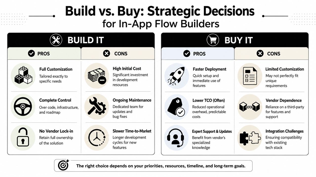 A comparison chart outlining the pros and cons of building versus buying an in-app flow builder solution.