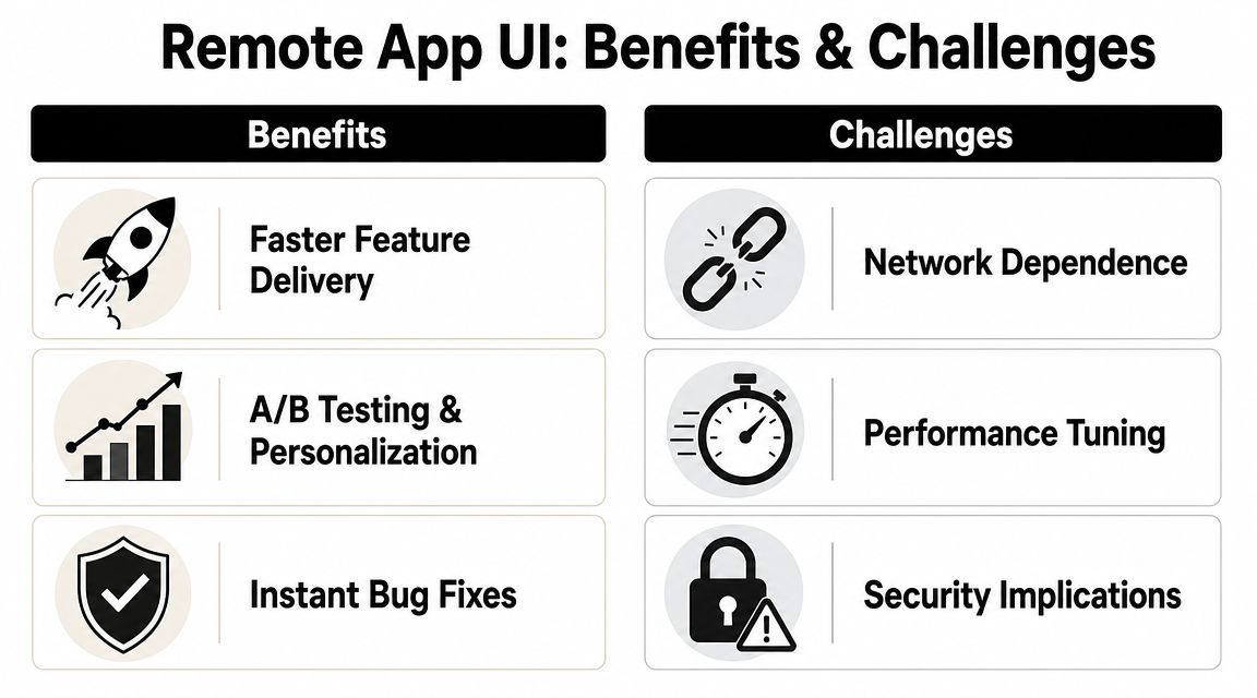 A comparison chart showing the benefits and challenges of implementing remote app UI development strategies.
