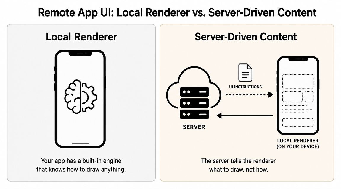 A diagram comparing local app rendering versus server-driven UI design architecture for mobile applications.