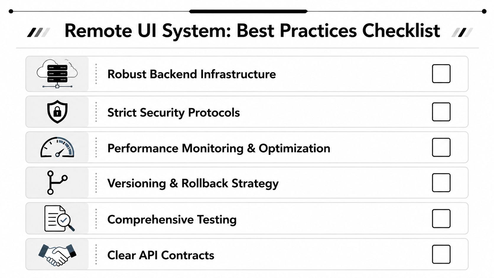 A checklist infographic titled Remote UI System Best Practices featuring six essential technical development guidelines.