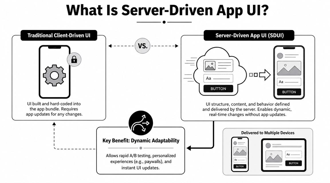 A comparison diagram illustrating the differences between traditional client-driven UI and server-driven app UI development approaches.