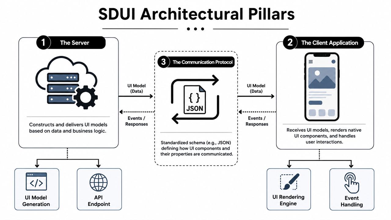 A diagram illustrating the three main pillars of a server-driven UI architecture for mobile applications.