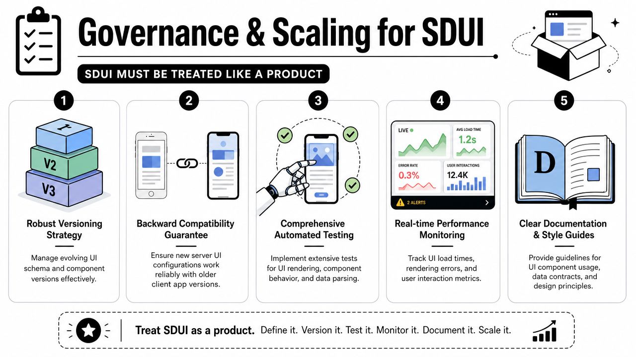 An infographic titled Governance and Scaling for SDUI detailing five key strategies for server-driven UI product management.