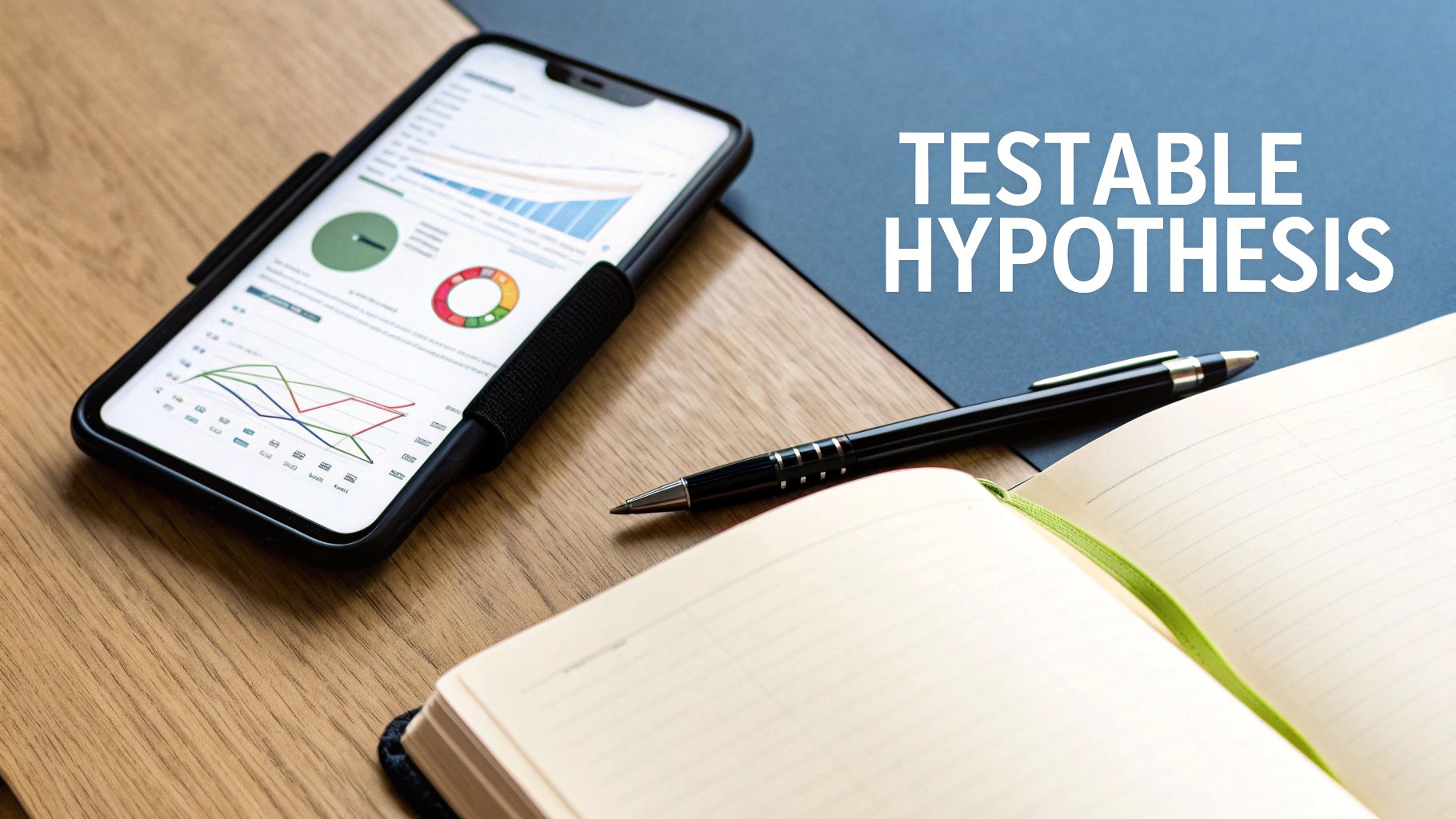 Mobile phone displaying data analytics charts and graphs next to notebook and pen for testable hypothesis planning