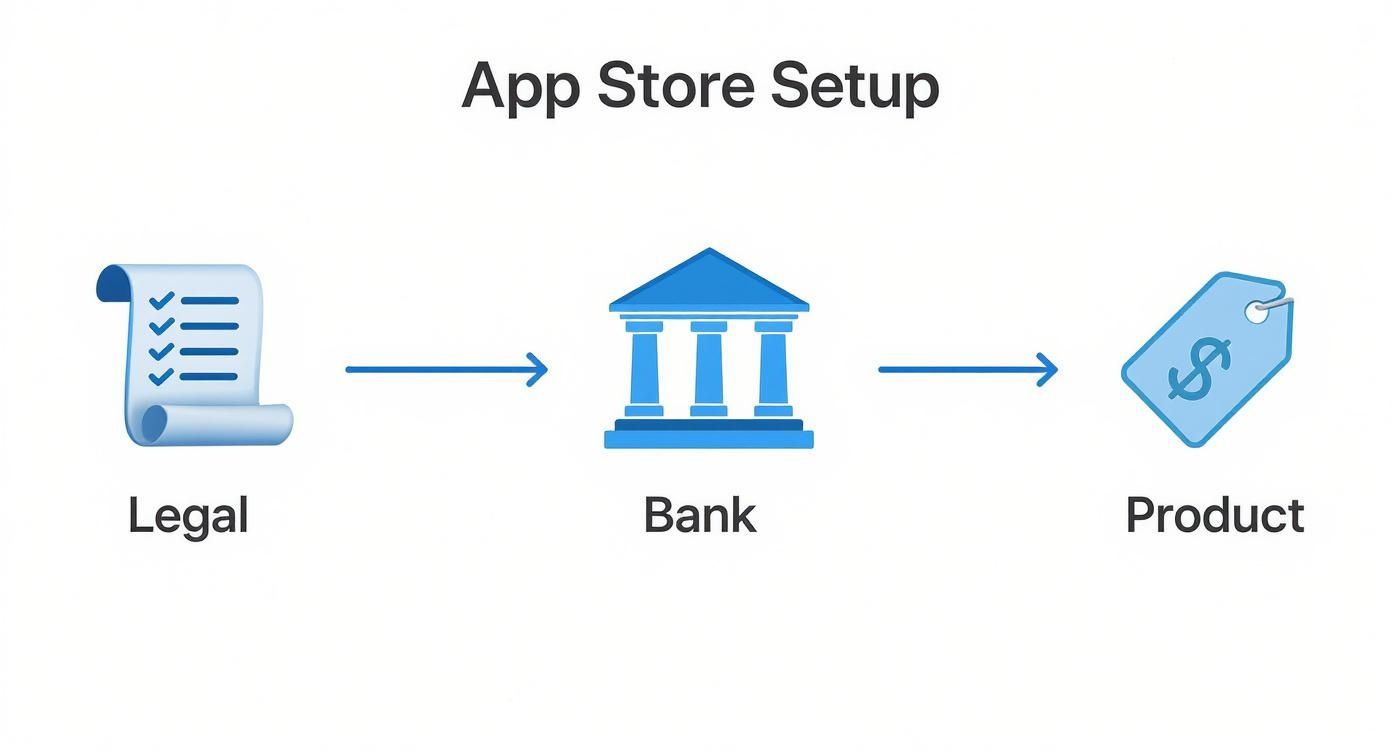 Flowchart illustrating App Store setup steps, including Legal requirements, Bank setup, and Product pricing.