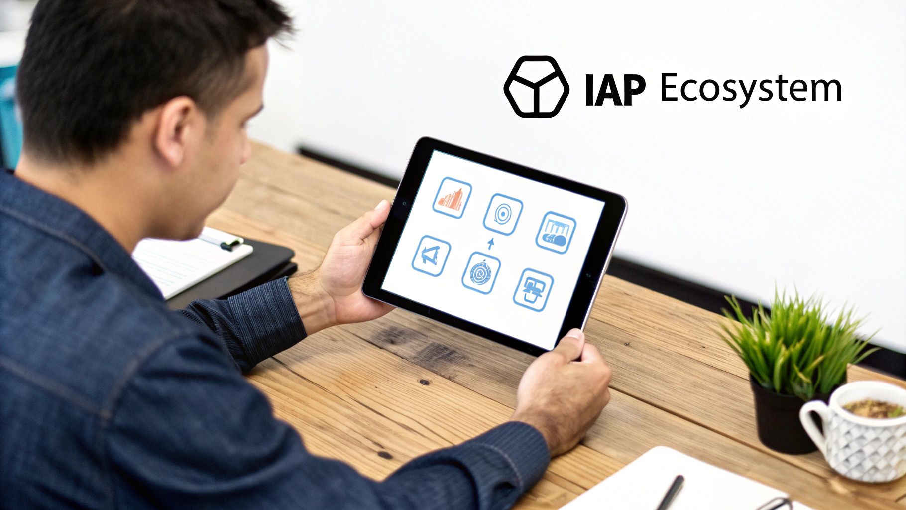 A person holds a tablet displaying a diagram of the IAP Ecosystem on a wooden desk.