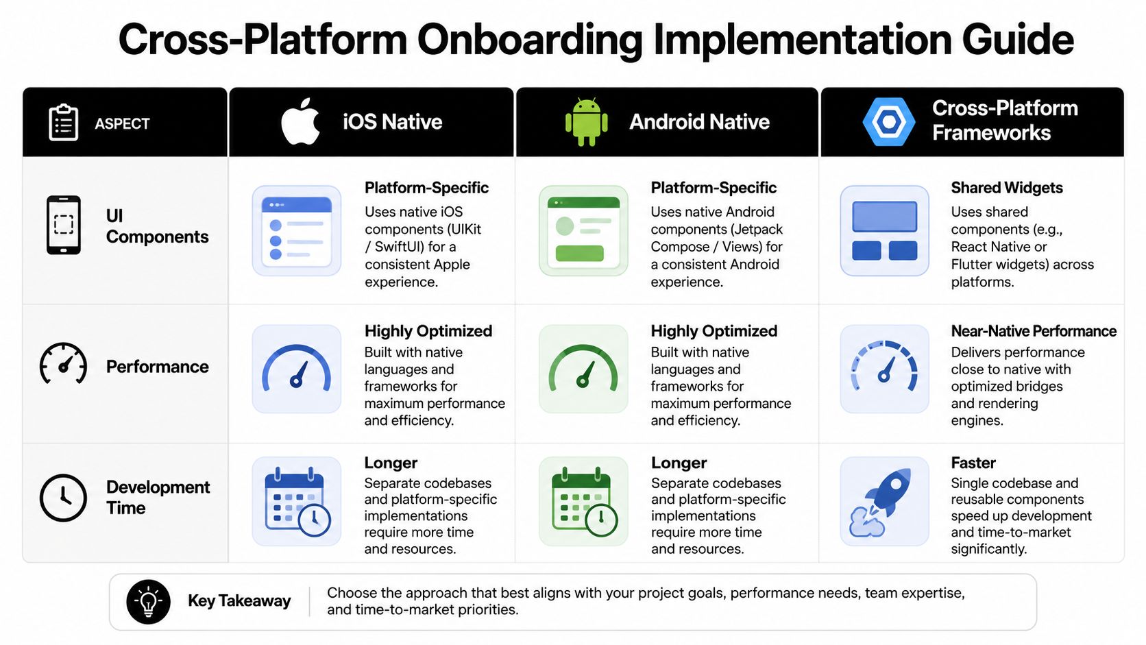 A comparison chart outlining the pros and cons of iOS, Android, and cross-platform mobile app onboarding strategies.