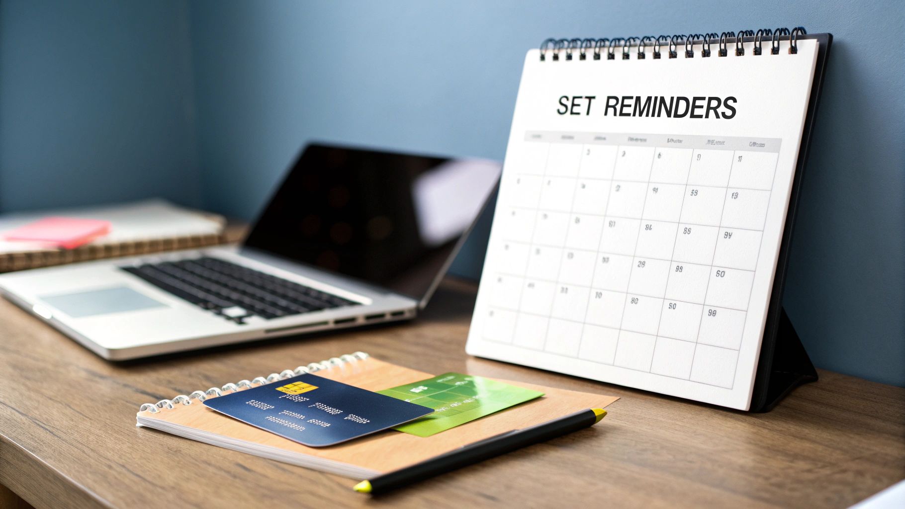 A person reviewing their finances on a laptop with a calendar and credit card nearby.