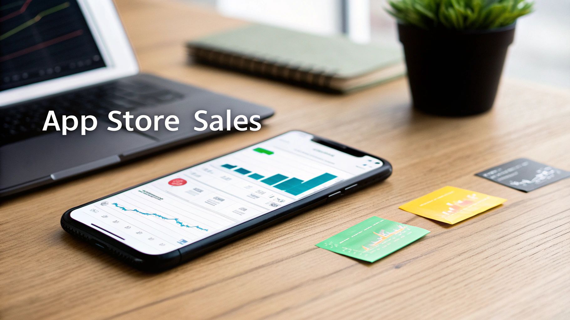 A person holding a smartphone showing an app with financial charts and graphs on the screen, symbolizing app store sales growth.