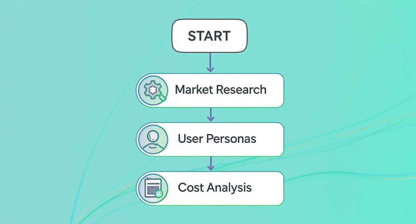 Flowchart showing app development process from market research through user personas to cost analysis stages