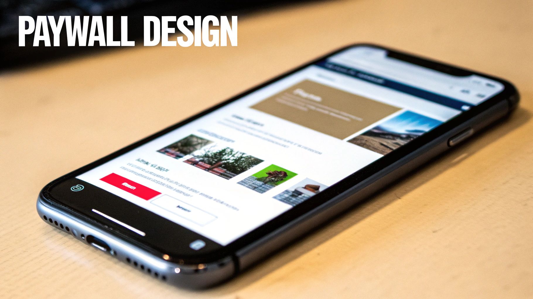 Smartphone displaying paywall design interface with subscription content and pricing options on wooden desk