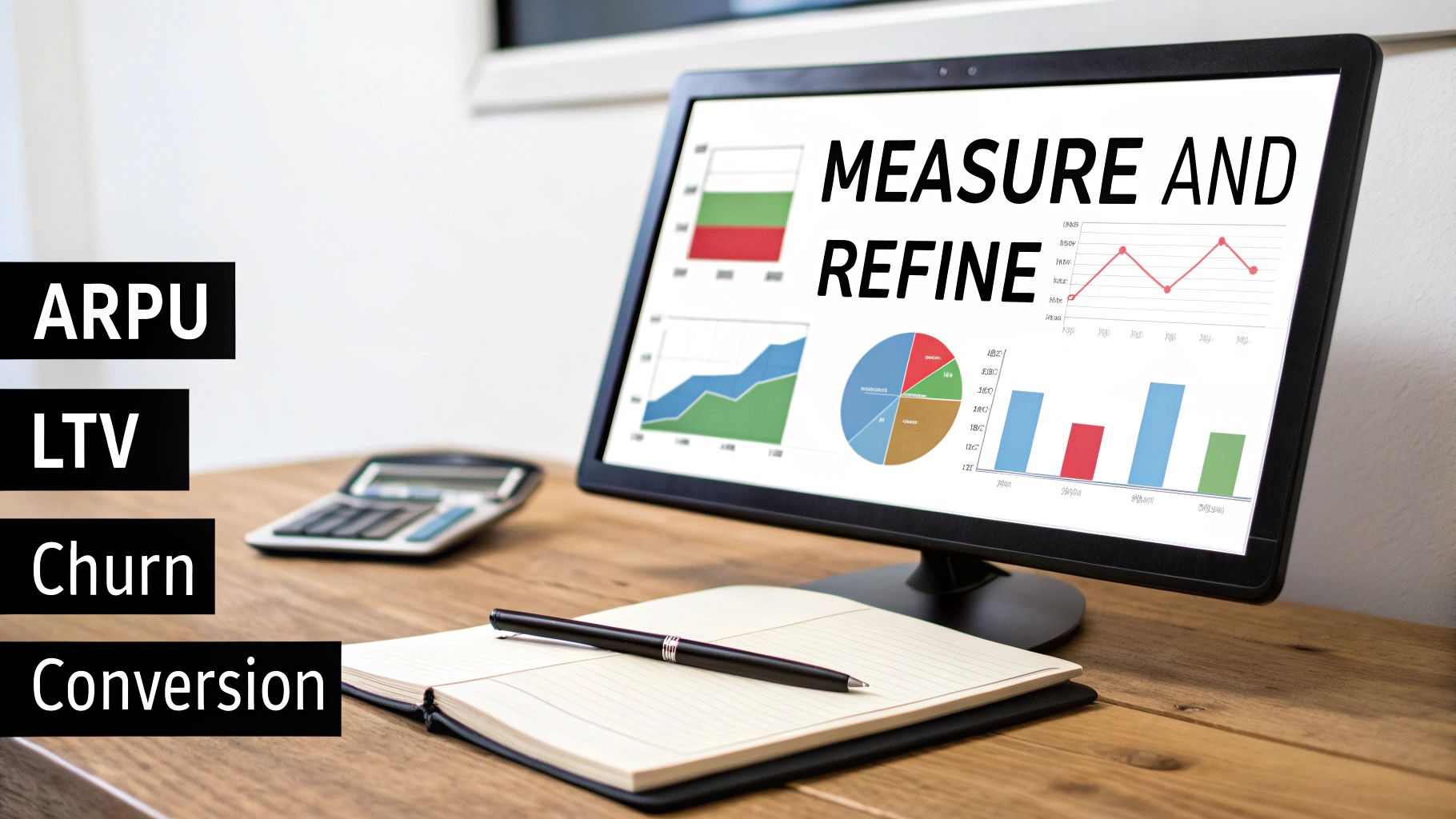 Business analytics dashboard displaying ARPU, LTV, churn, and conversion metrics for measuring app performance