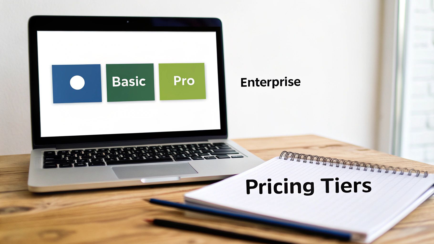 Laptop displaying pricing tiers including Basic, Pro, and Enterprise subscription plans on wooden desk