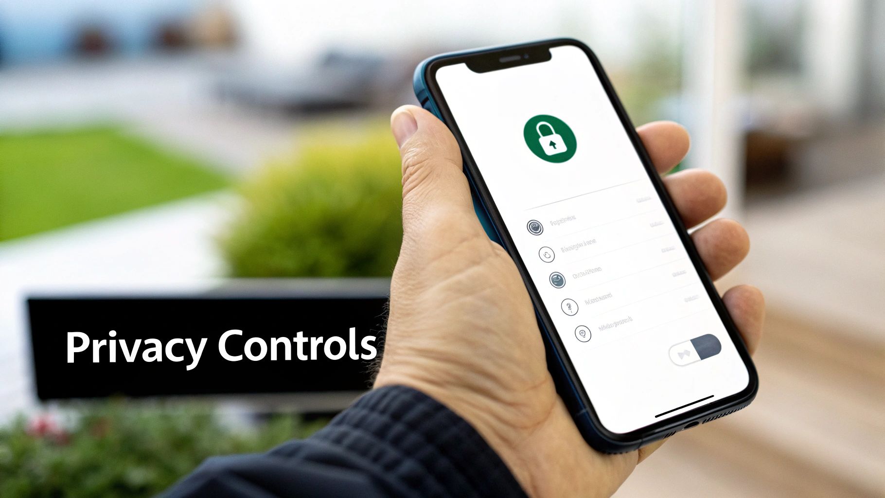 A hand holds a smartphone displaying a 'Privacy Controls' screen with a green lock icon.